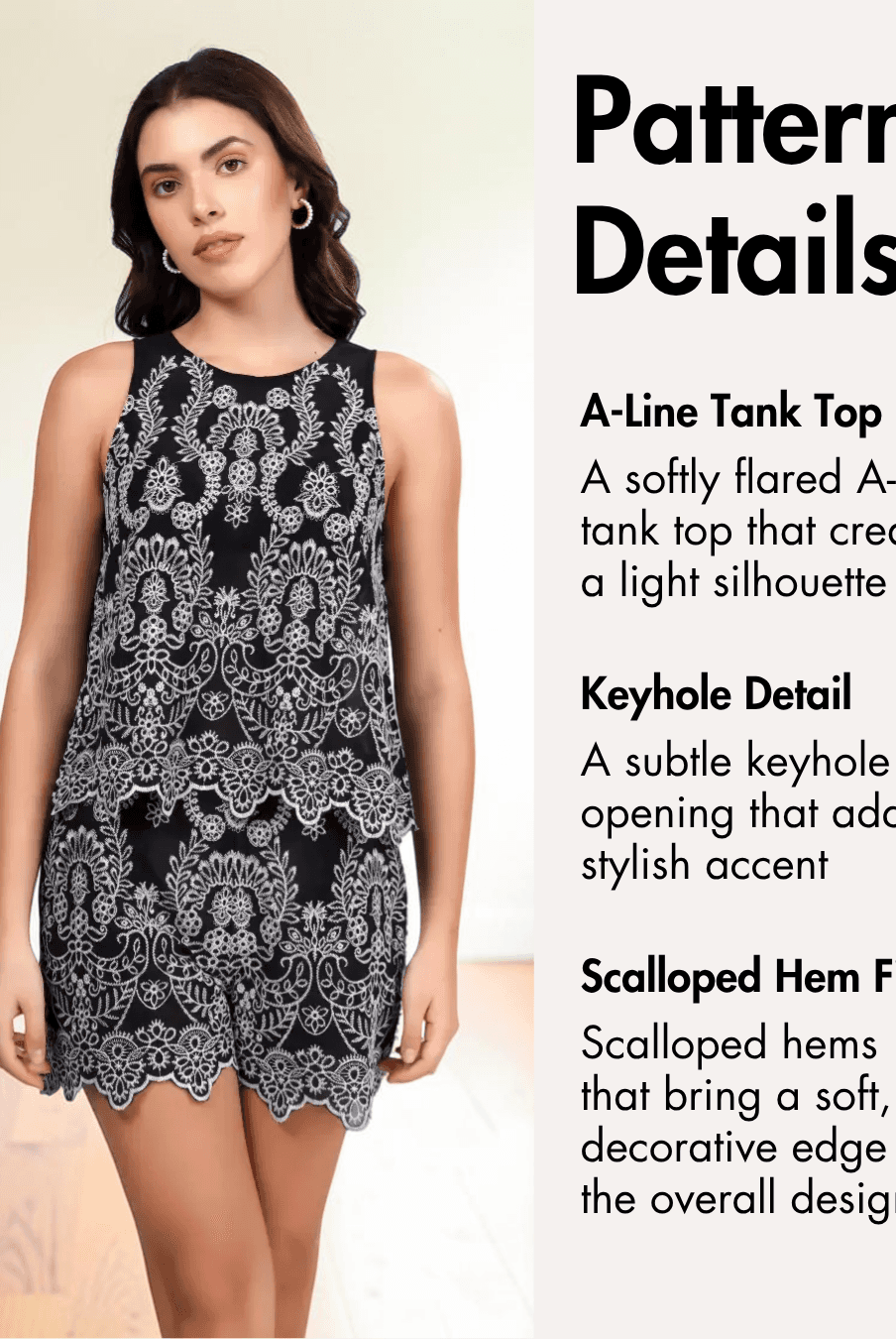 Model wearing black and white embroidered sleeveless top and shorts with keyhole detail