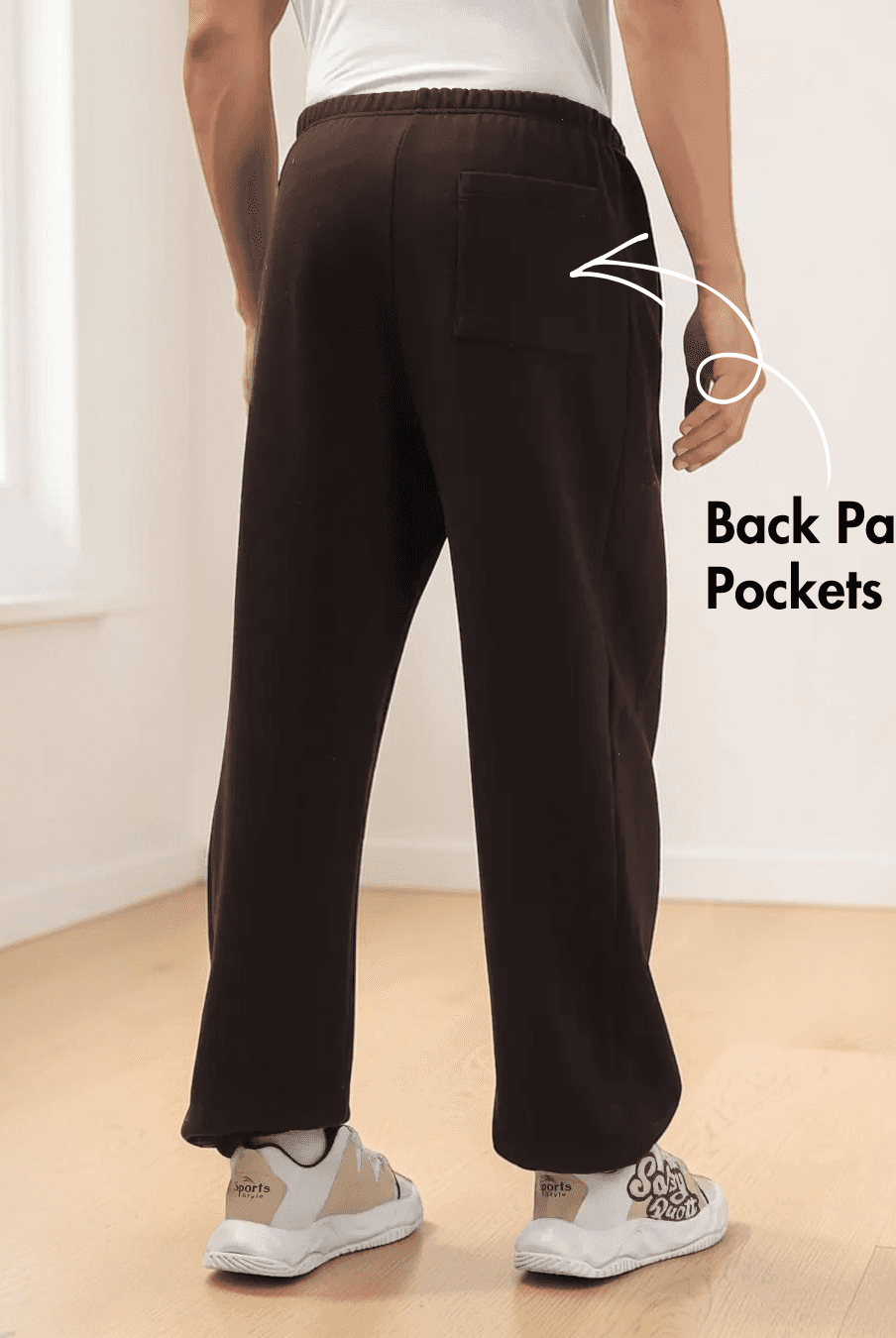 Back view of men's joggers sewing pattern with patch pockets and relaxed straight-leg silhouette