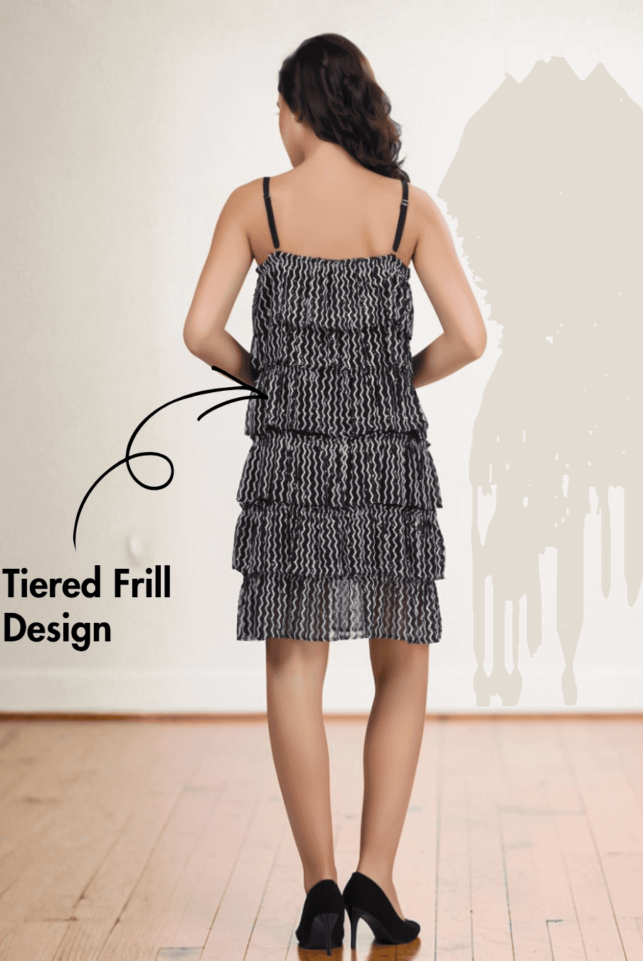 Back view of women's tiered frill dress with fully lined construction and adjustable straps