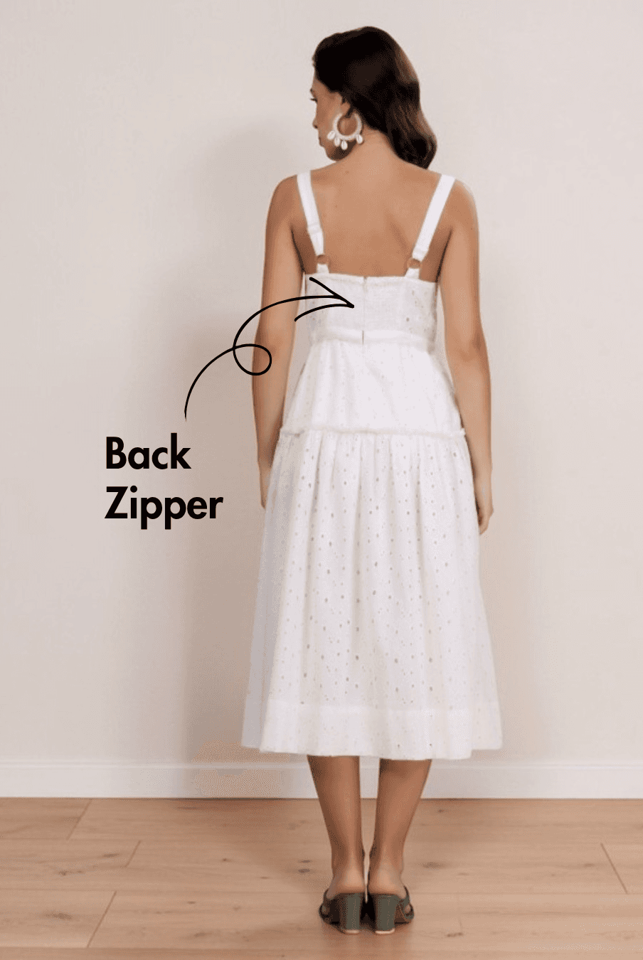 Back view of white midi sundress with back zipper, adjustable straps, and tiered skirt, based on Fiona sewing pattern