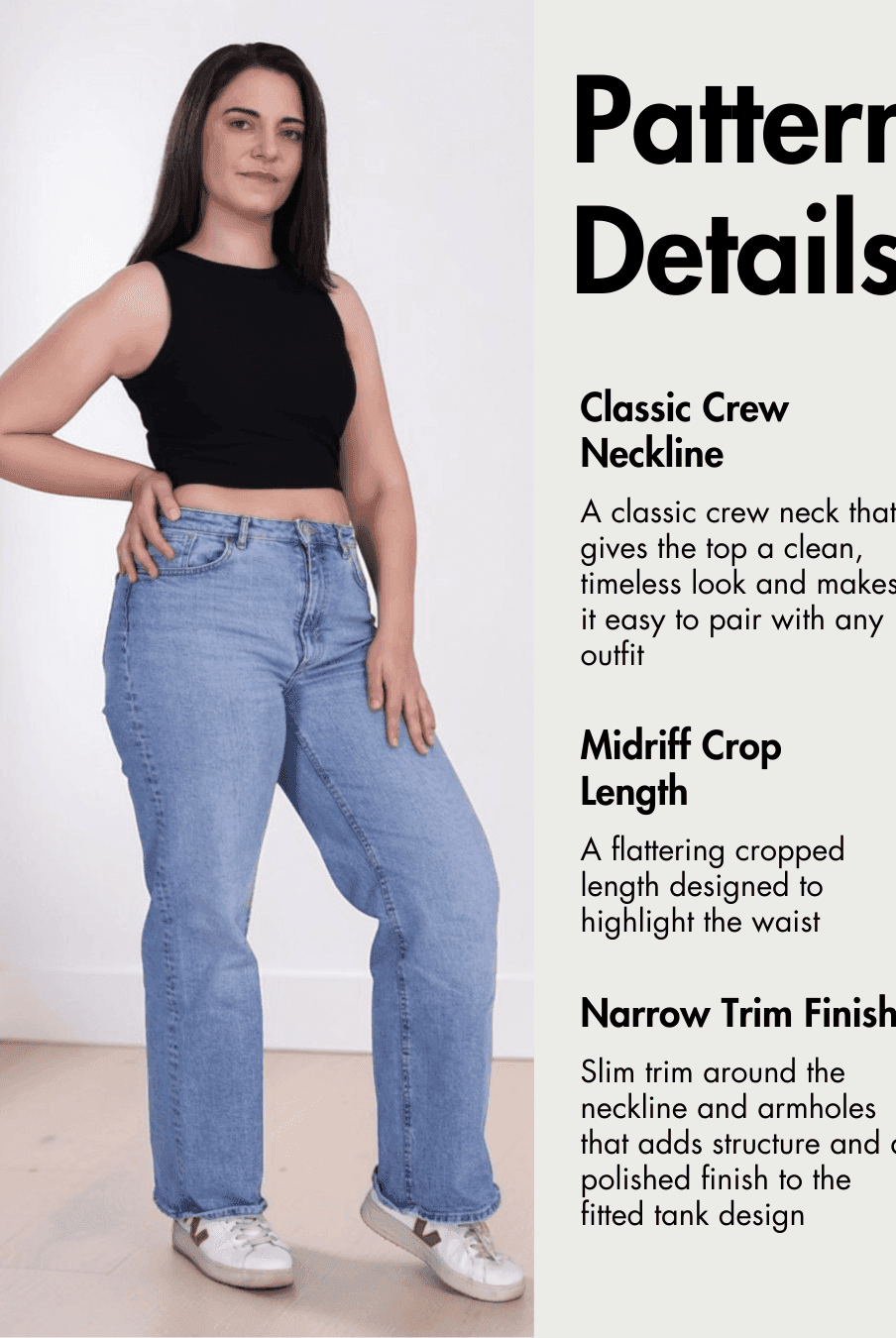Pattern details for classic crew neckline, sleeveless design, midriff crop length, and narrow trim finish