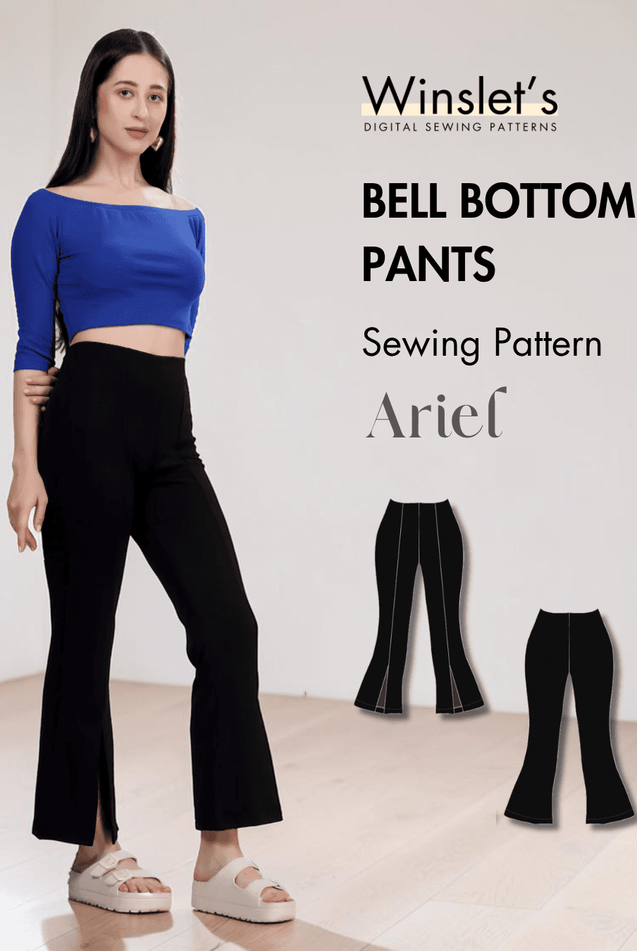 Black bell bottom pants sewing pattern with front slits and high waist design