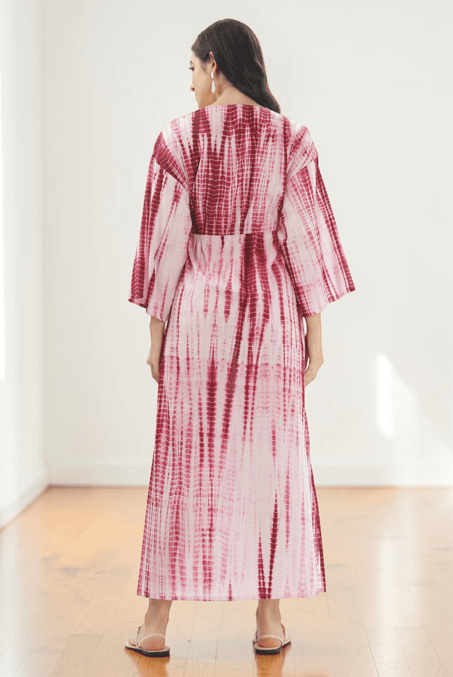 Back view of pink and red tie-dye kaftan maxi dress with adjustable drawstring waist