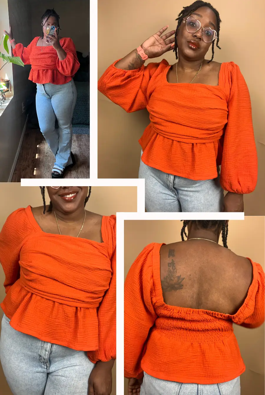 Reese Peplum Top Sewing Pattern in vibrant orange, modeled to show front, back, and side views with puff sleeves and smocked back detail.