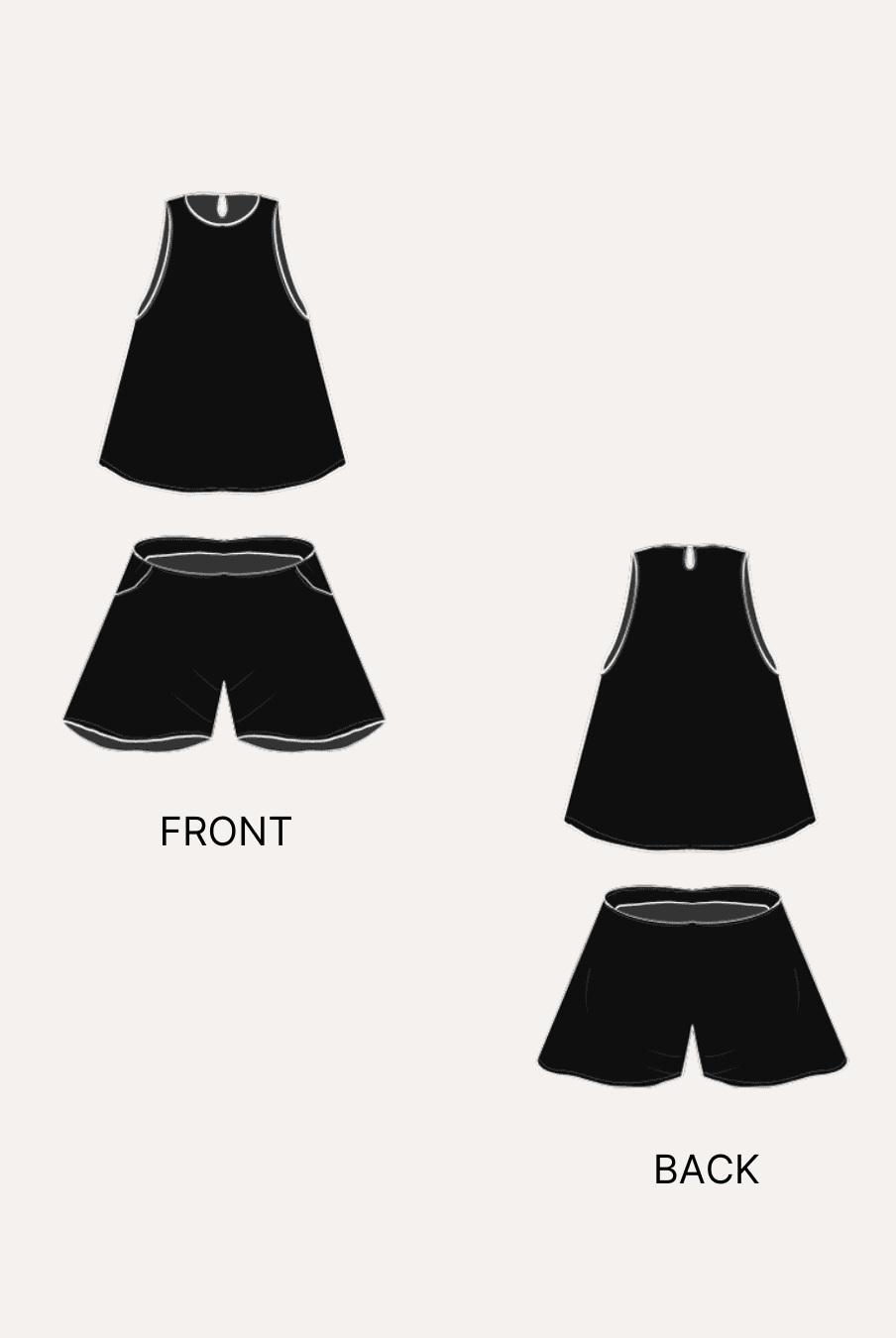 Pattern illustration of sleeveless top and shorts with scalloped hems and embroidery details