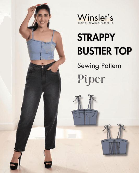 Blue cropped bustier top with ruffled neckline and adjustable tie straps