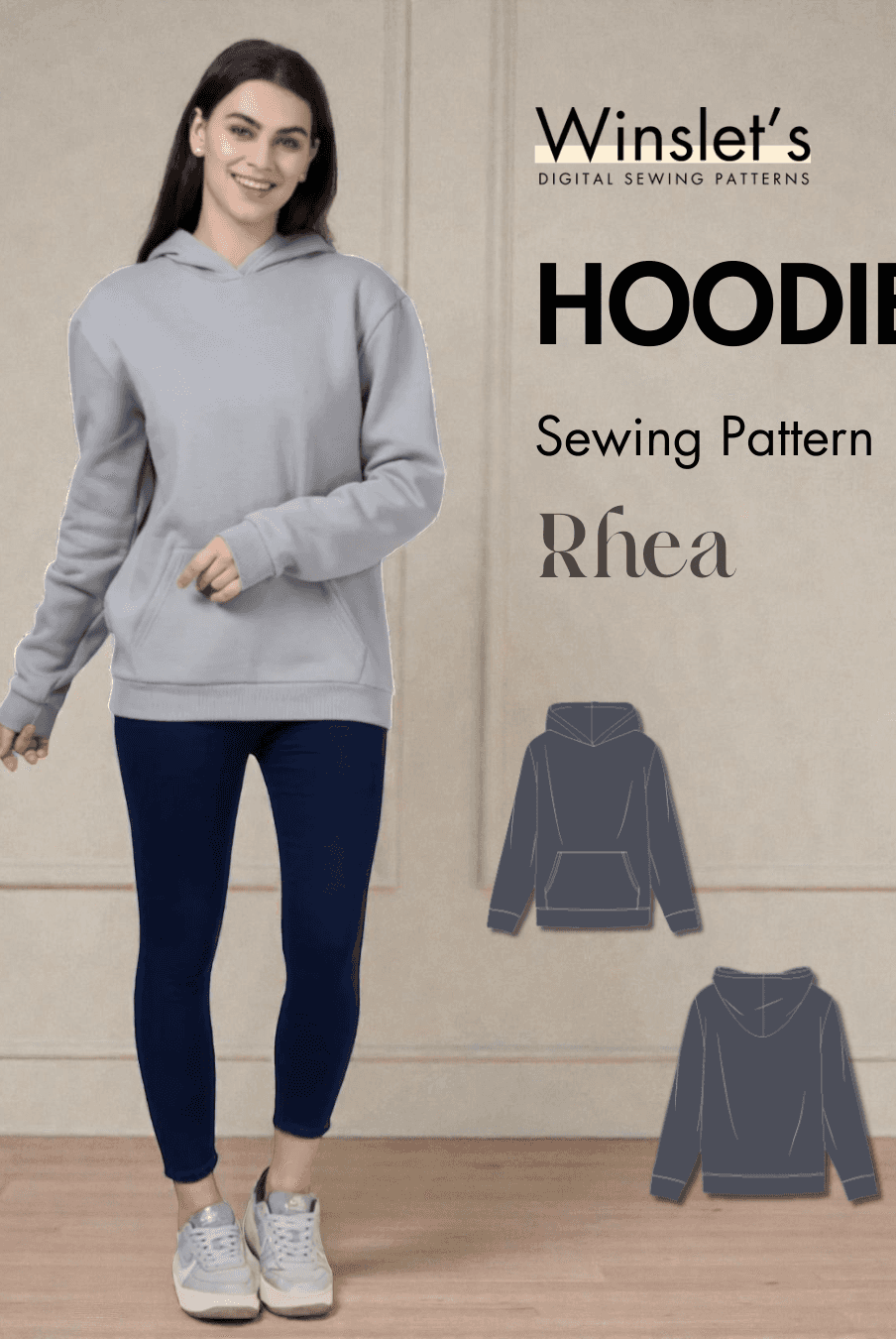 Hoodie PDF Women's Sweatshirt Sewing Pattern 'Rhea' by Winslet’s with long sleeves, ribbed cuffs, and relaxed fit shown on model.