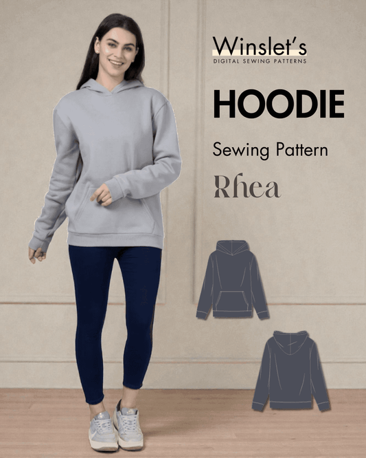Hoodie PDF Women's Sweatshirt Sewing Pattern 'Rhea' by Winslet’s with long sleeves, ribbed cuffs, and relaxed fit shown on model.
