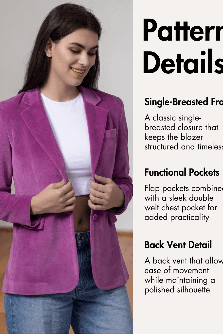Pattern details for women's blazer 'Monroe' with single-breasted front, flap pockets, and back vent