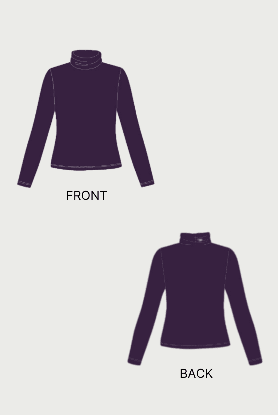 Front and back technical illustrations of the Diana turtleneck long sleeve women's tshirt sewing pattern for knit fabrics.