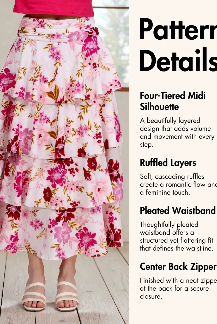 Pattern details of Ruffled Tiered Skirt Sewing Pattern 'Amy' including four-tiered silhouette, ruffled layers, pleated waistband, and back zipper.