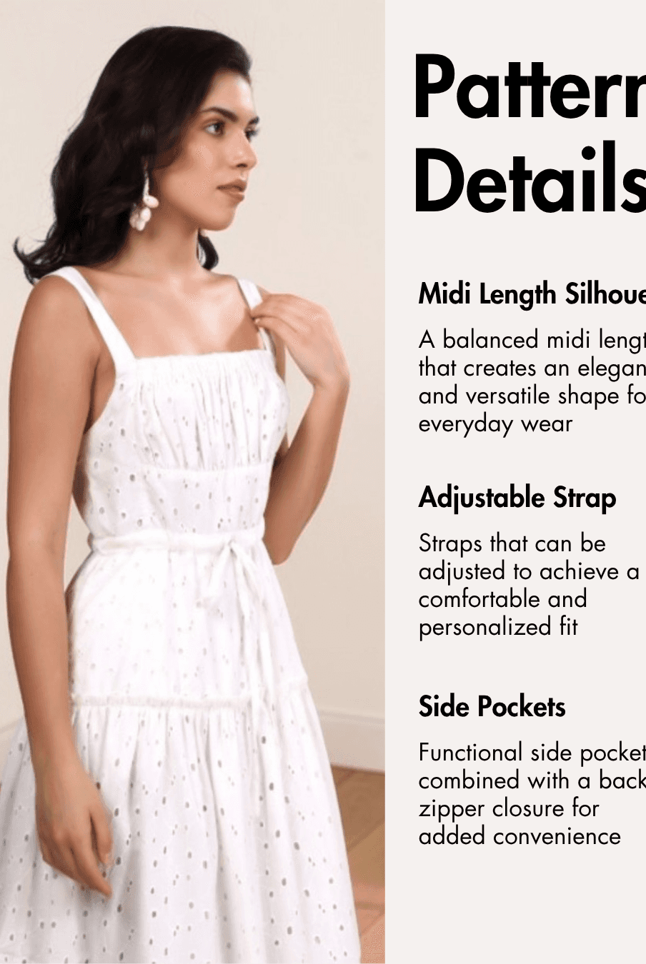 Pattern details for Fiona sundress with midi length silhouette, adjustable straps, side pockets, and back zipper