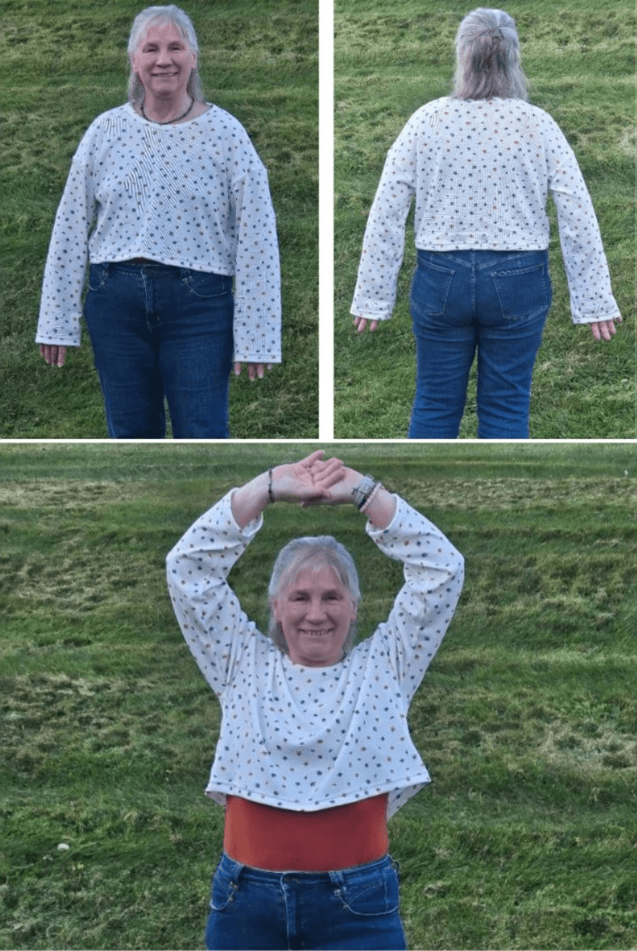 Close-up of woman smiling in star-patterned sweatshirt, showcasing round neckline, drop shoulder, sewing pattern