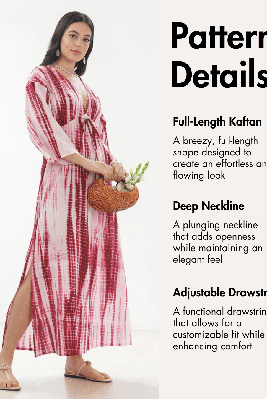 Pattern details of pink and red tie-dye kaftan dress with full-length, breezy style