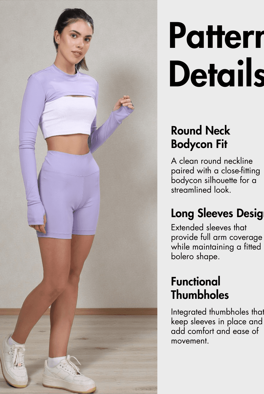 Detailed view of Sookie bolero shrug sewing pattern with round neck, long sleeves, and thumbholes, perfect for fitted outerwear sewing.