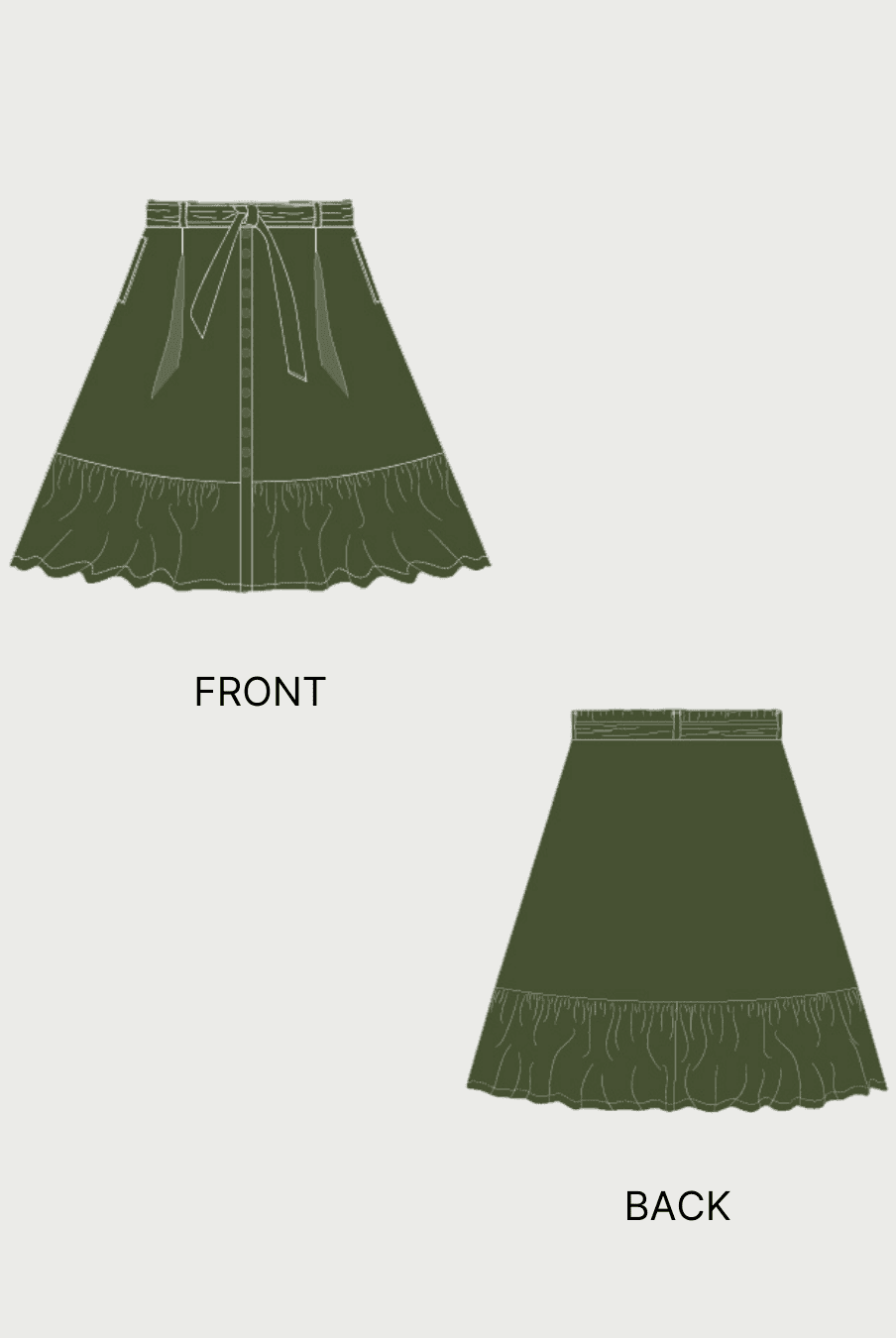 Front and back technical flat sketches of Cottagecore maxi skirt sewing pattern showing tiered hem, belt loops, and button placket details.