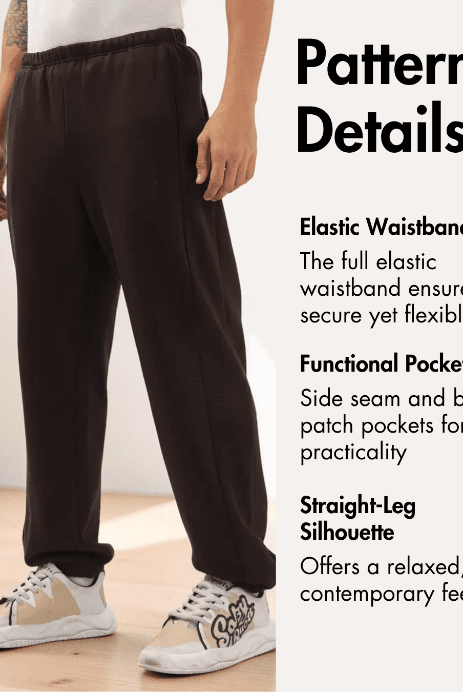 Pattern details for men's joggers with elastic waistband, functional pockets, and relaxed fit