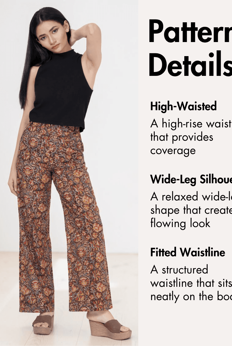 Women's wide leg pants with functional pockets and high waist in floral print Pattern Details