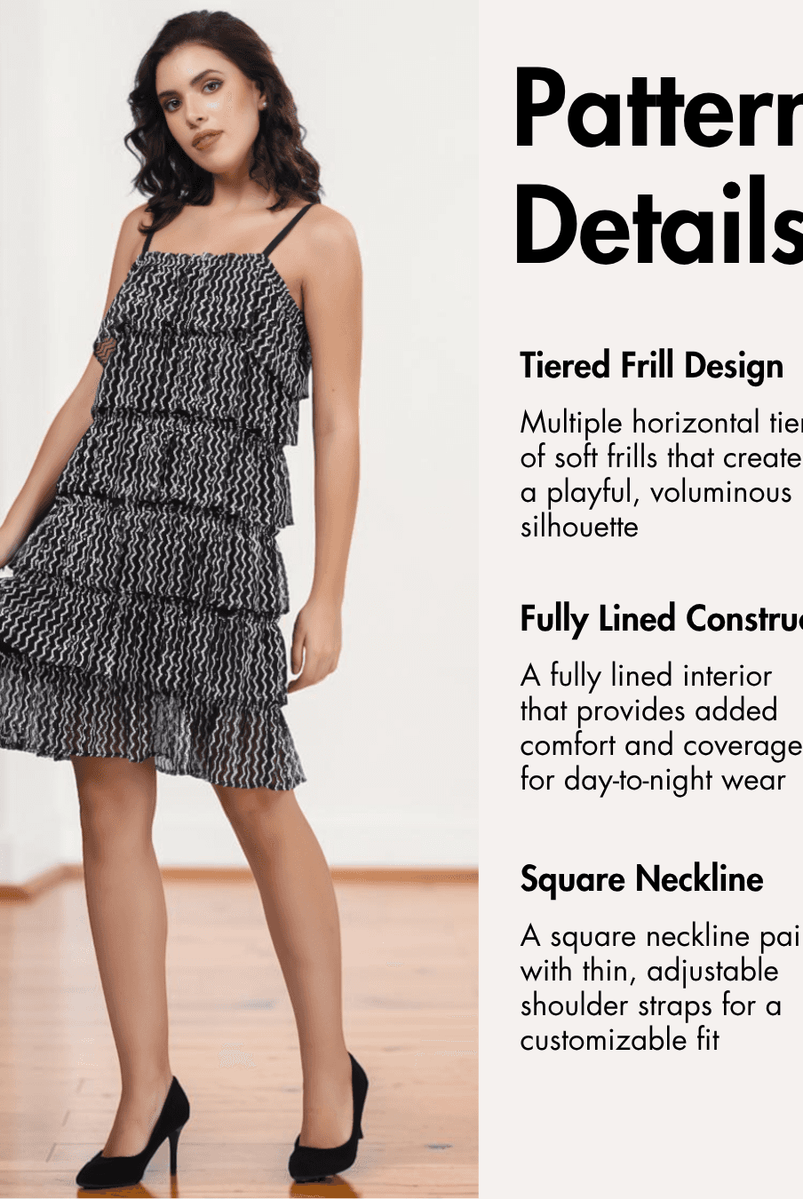 Pattern details of layered horizontal frills creating playful silhouette for sewing dress