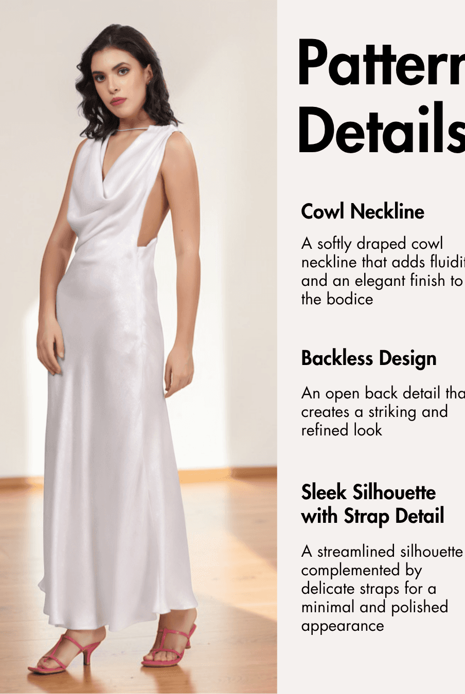 Elegant white sleeveless gown with cowl neckline and backless design