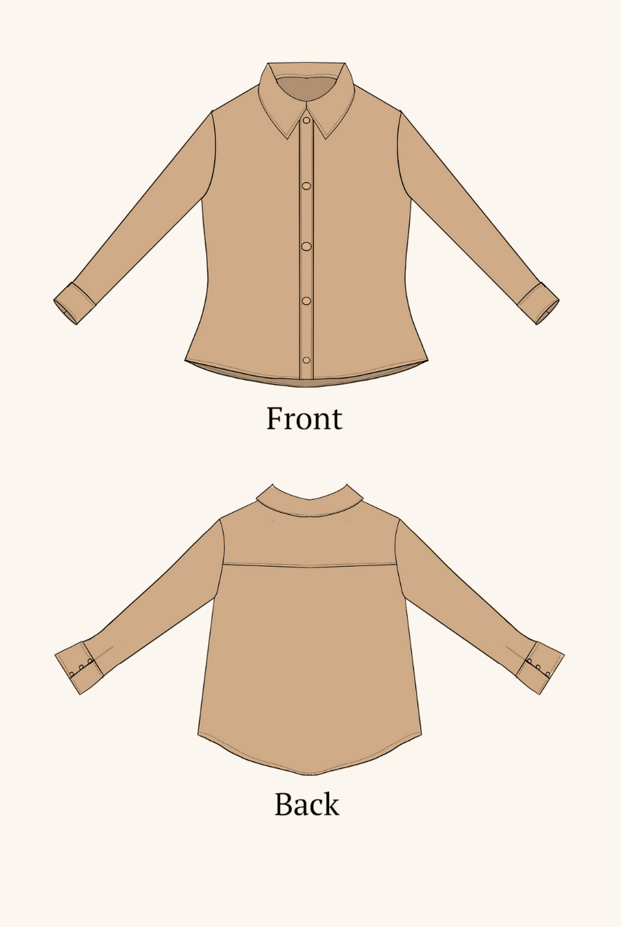 the front and back views of a top made from winslet's button down shirt sewing pattern