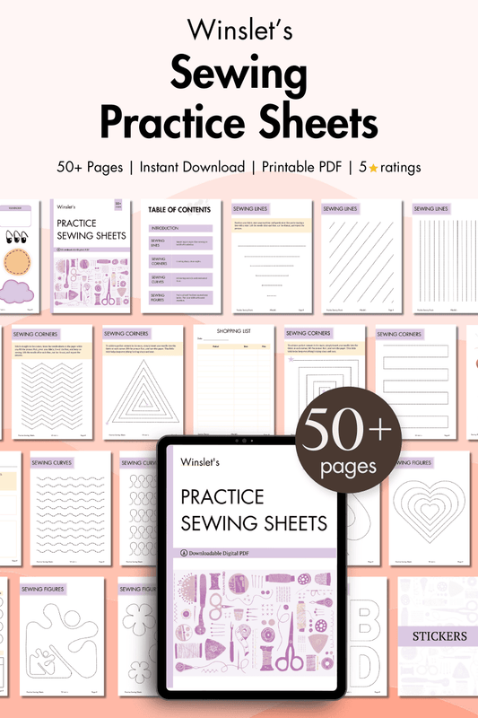 Winslet's Sewing Practice Sheets with 50+ pages for beginners. Printable PDF with exercises to improve sewing accuracy, speed, and control.