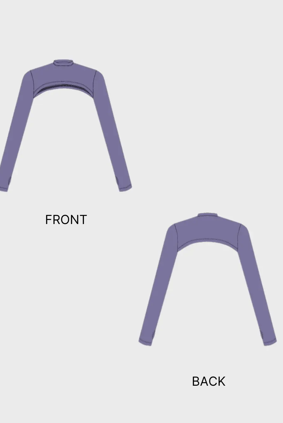 Technical flat sketch of Bolero Shrug Sewing Pattern showing cropped open-front design with long sleeves and thumbhole cuffs, front and back views.