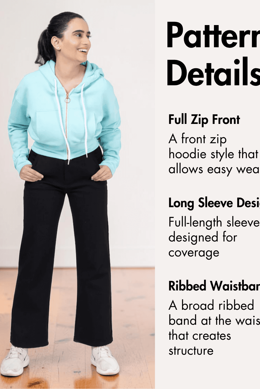 Pattern Details of hoodie pattern details with front, back, and sleeve views