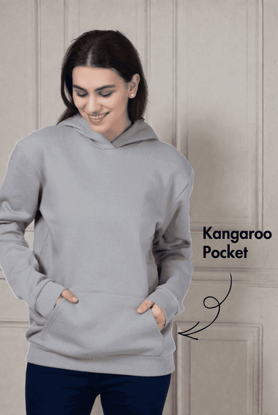 Close-up of Hoodie 'Rhea' PDF sewing pattern highlighting kangaroo pocket detail for functionality and casual style.