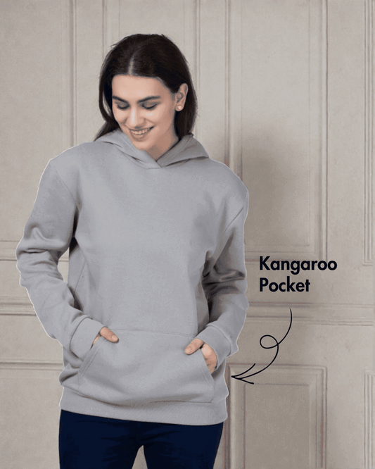 Close-up of Hoodie 'Rhea' PDF sewing pattern highlighting kangaroo pocket detail for functionality and casual style.