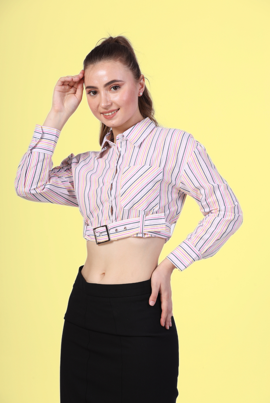 Women wearing crop shirt with full sleeves and black skirt