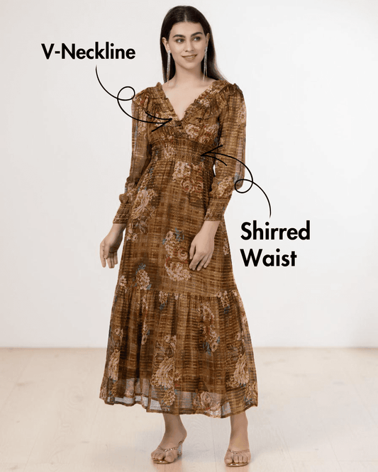 V-neck maxi dress with shirred waist and long sleeves