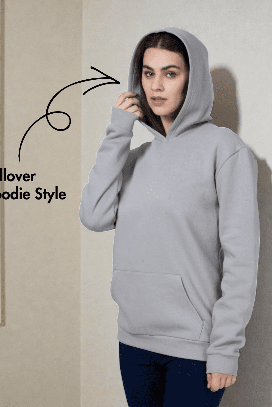 Pullover hoodie style from 'Rhea' sewing pattern featuring spacious hood and ribbed waistband for cozy winter wear.