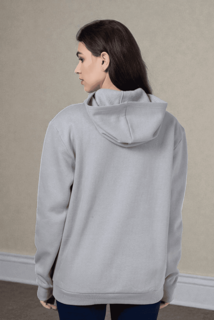 Back view of 'Rhea' hoodie sewing pattern showing relaxed fit and clean hood construction for layering comfort.