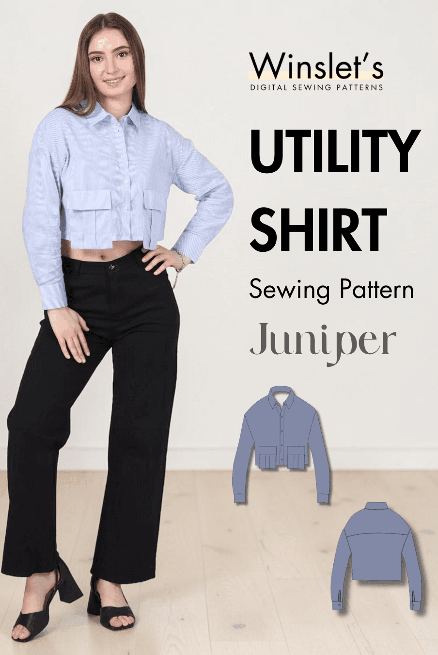 Women wearing cropped blue striped utility shirt with large pockets, long sleeves, point collar, button cuffs, and relaxed fit