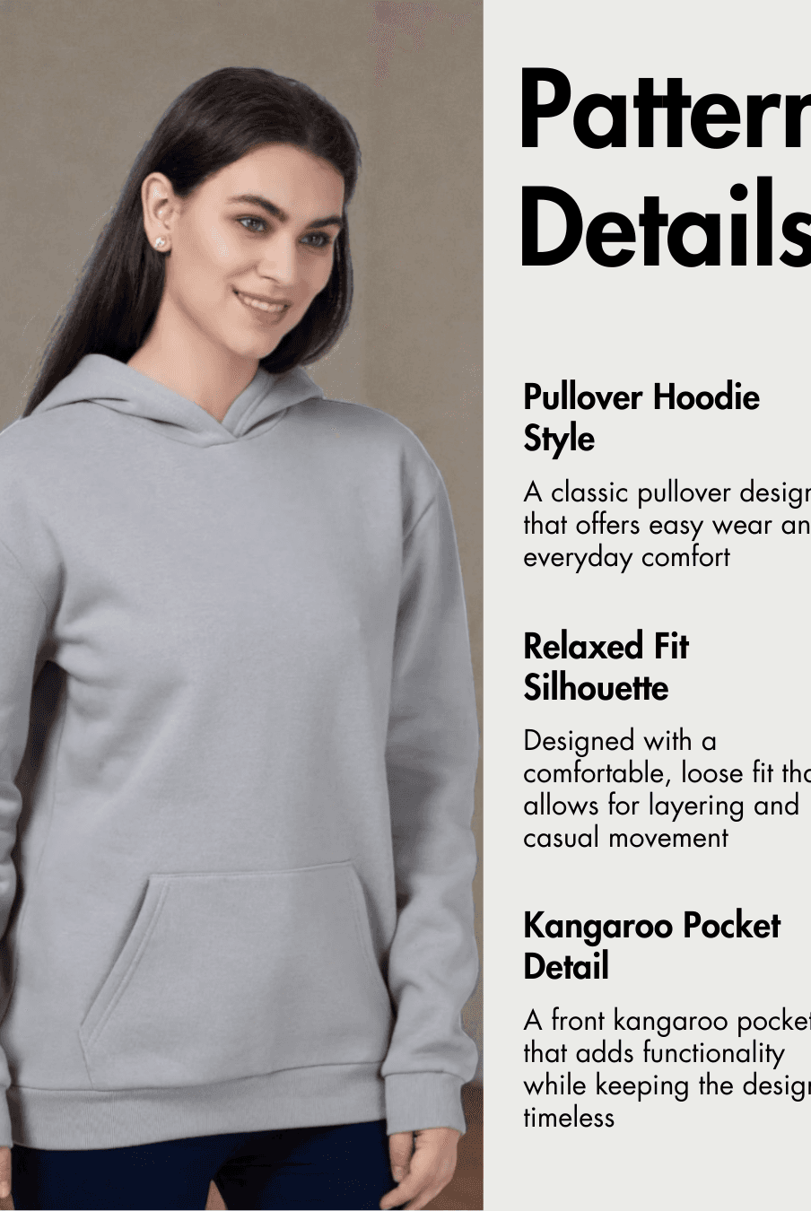 Pattern details for 'Rhea' hoodie sewing pattern highlighting pullover style, relaxed silhouette, and kangaroo pocket.