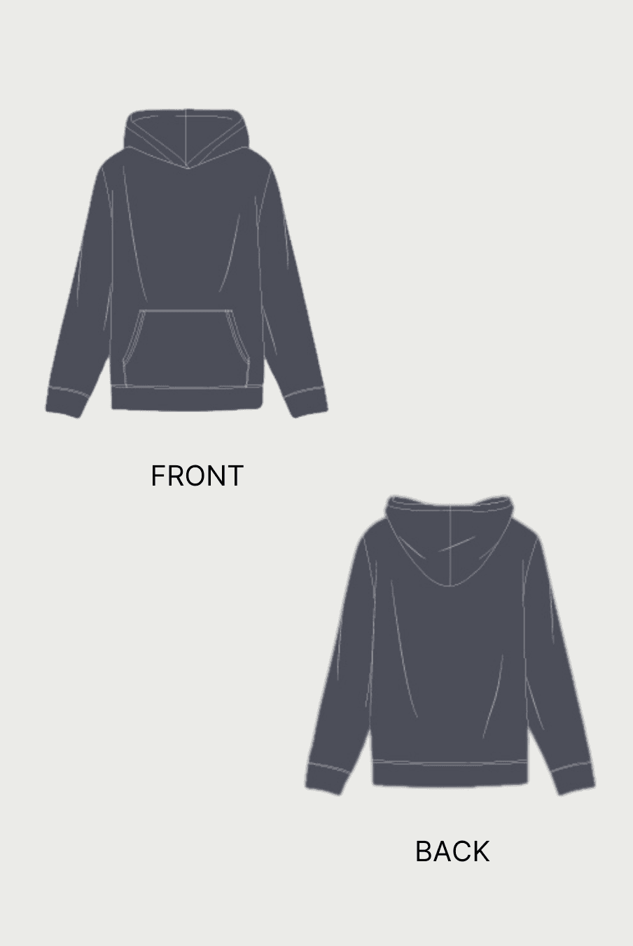 Technical flat sketches of the 'Rhea' pullover hoodie sewing pattern showing front and back views with kangaroo pocket and ribbed waistband.