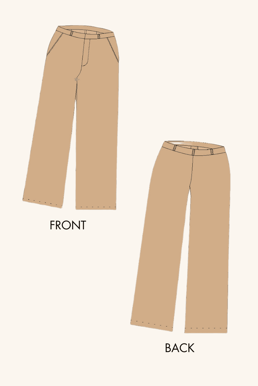 Technical illustration of Maya wide-leg pants sewing pattern, showing front and back views. Perfect for DIY fashion projects.