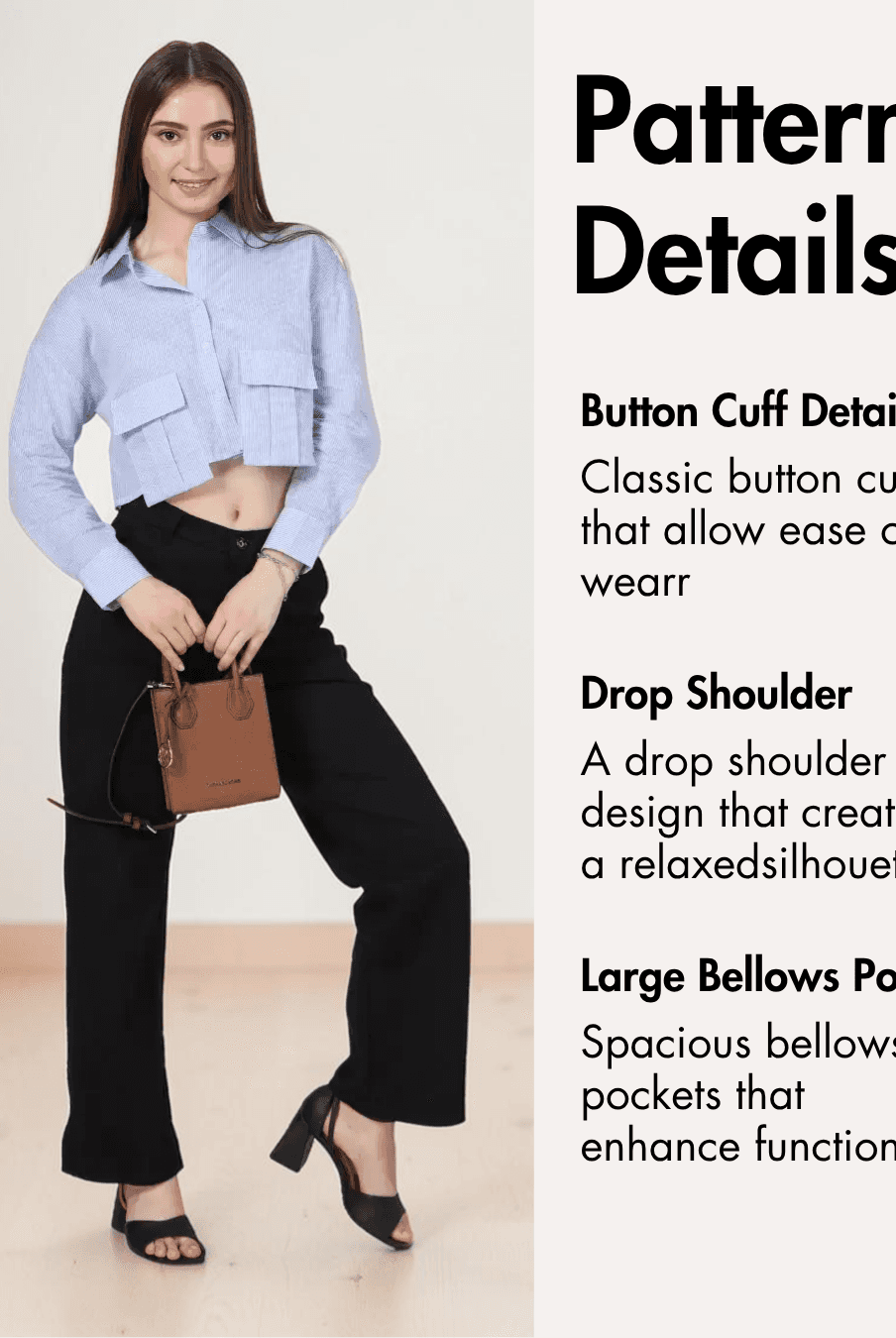 Women wearing blue cropped shirt with large bellows pockets, button cuffs, drop shoulder, and long sleeves