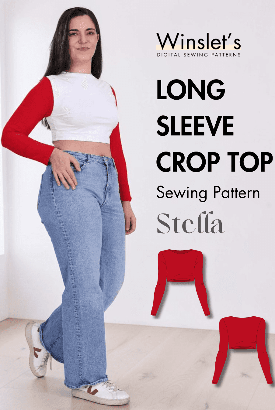 Long sleeve crop top sewing pattern with red and white design