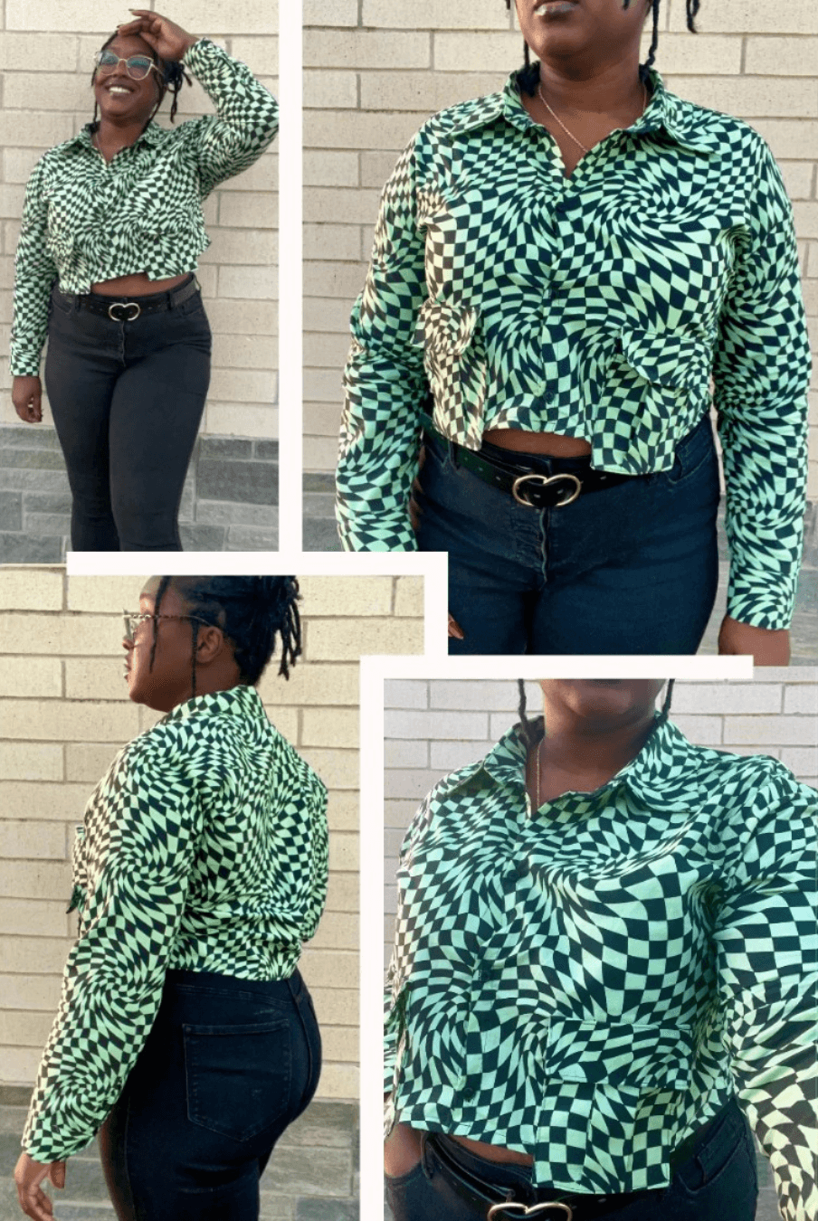 Women in green geometric patterned button-up shirt with cropped style, long sleeves, and high-waisted black pants