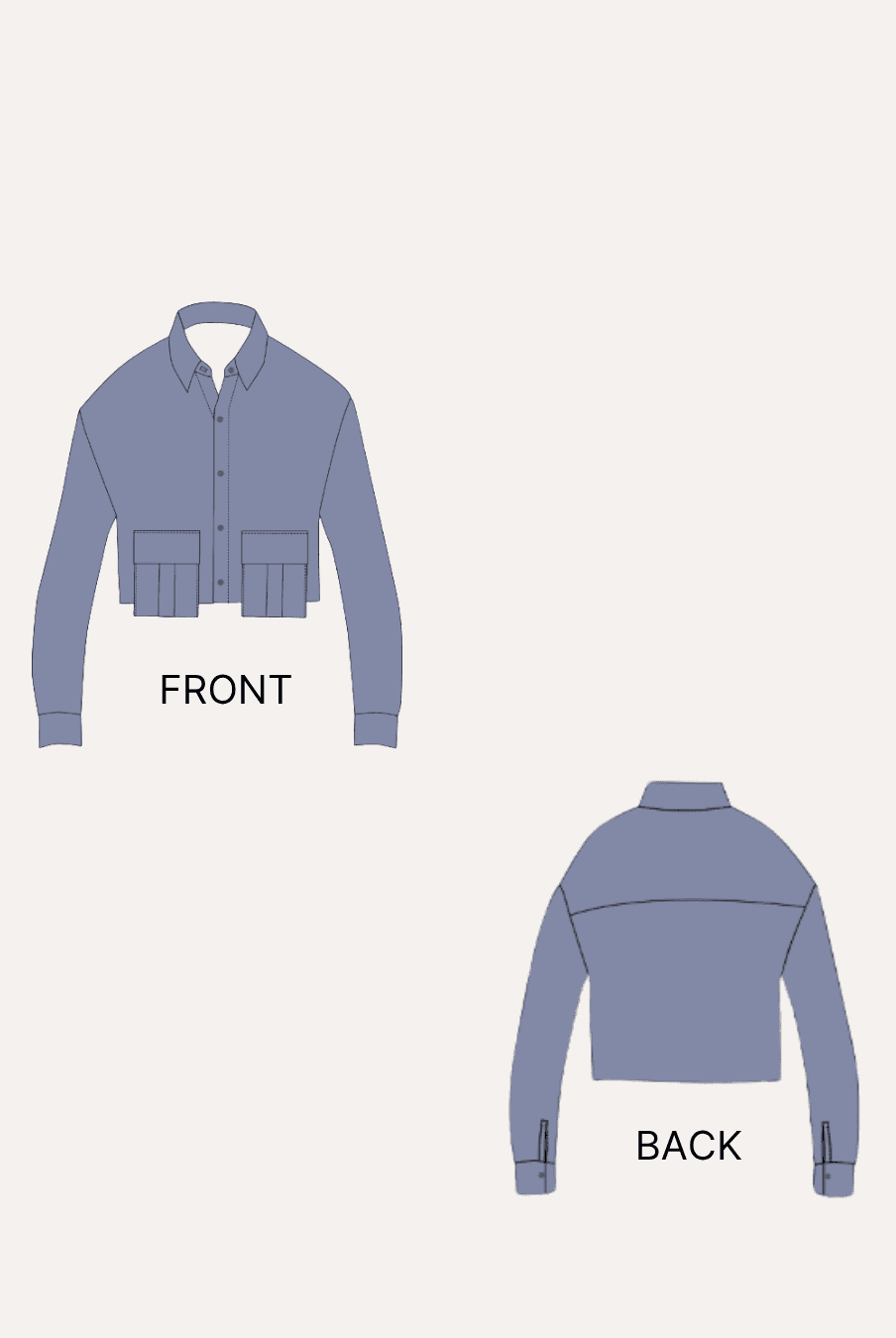 Technical sewing pattern diagram of front and back views of a shirt with detailed pattern highlights