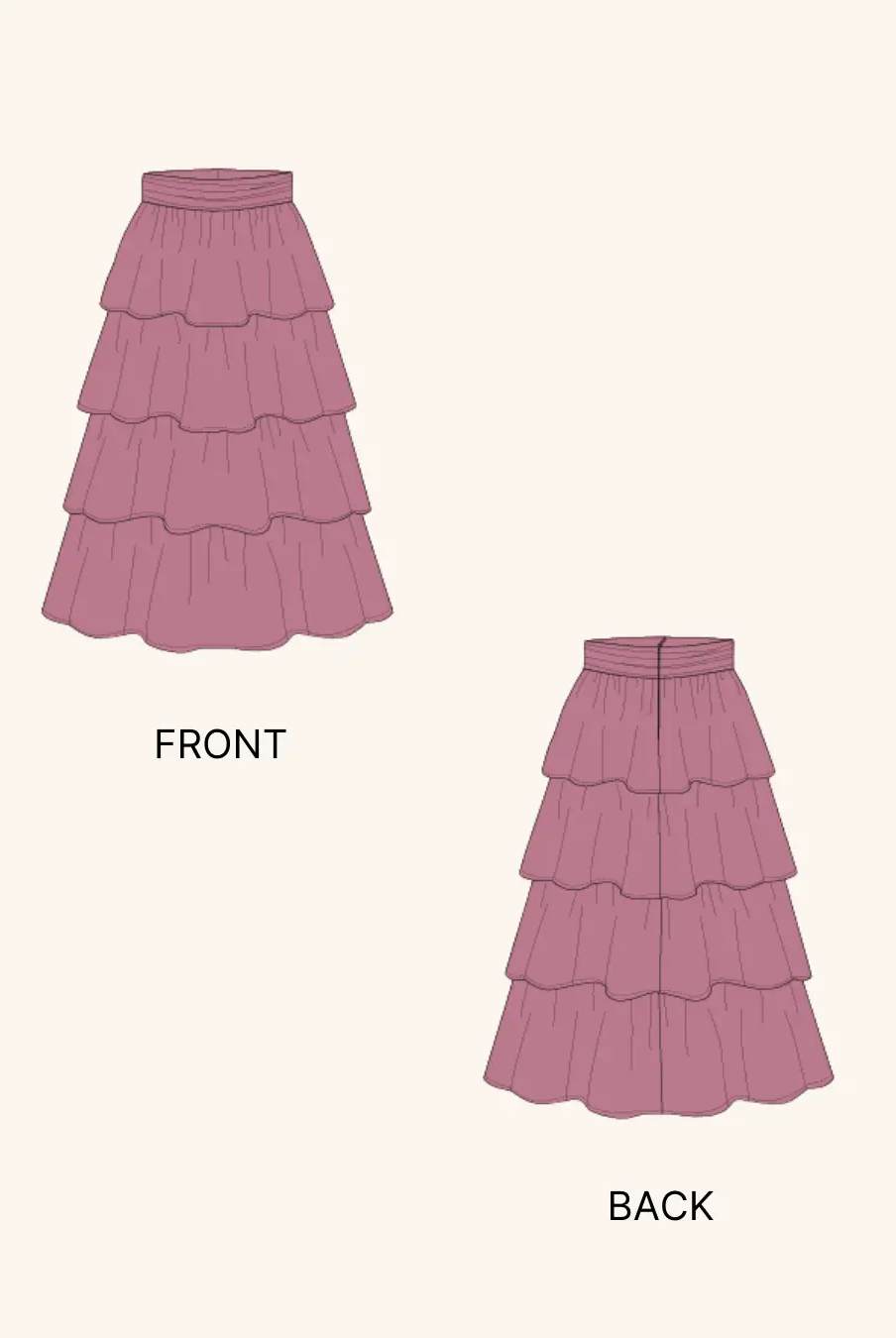 Illustration of front and back views of the Ruffled Tiered Skirt Sewing Pattern 'Amy' with four cascading ruffle tiers in a midi length.