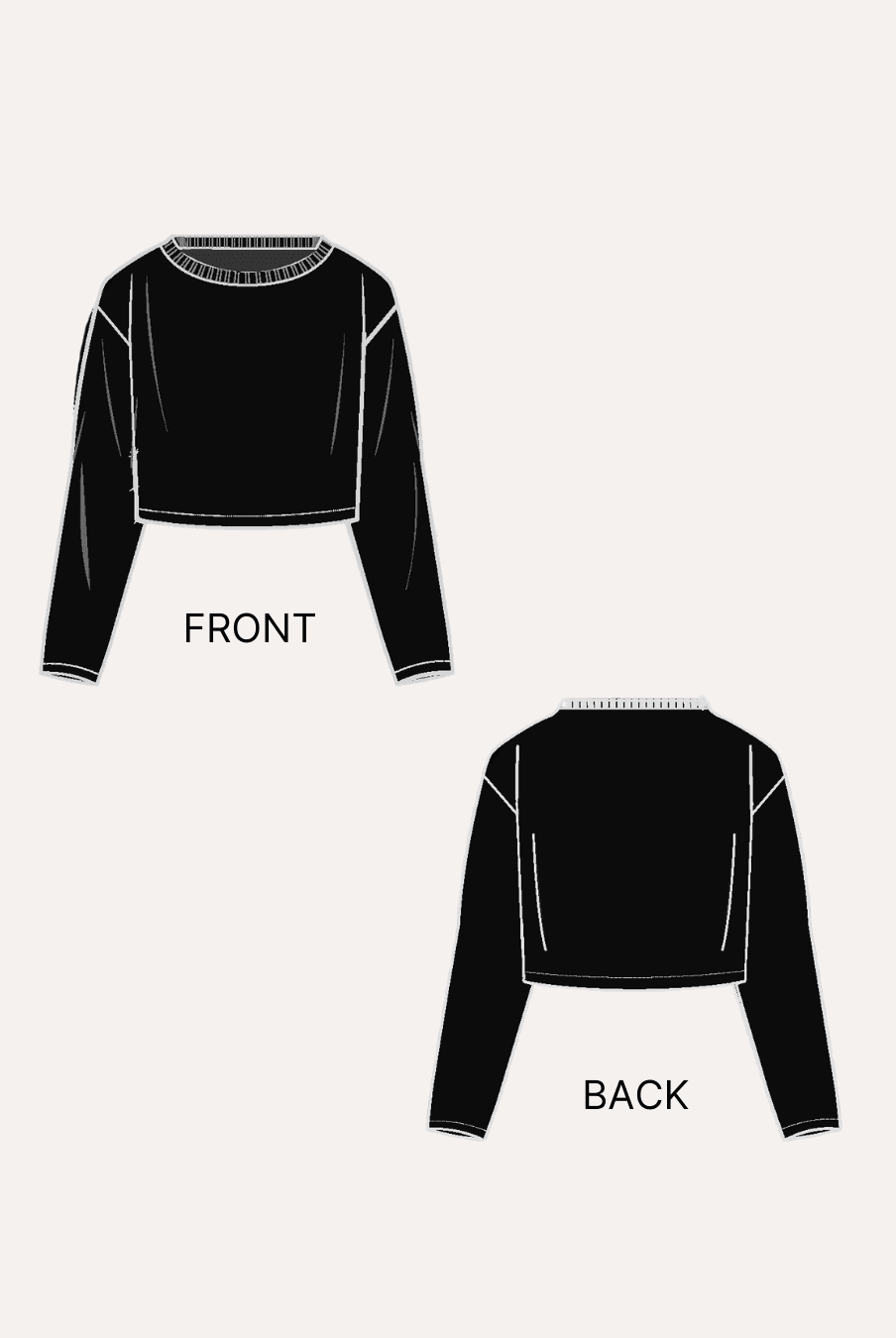 Illustration of front and back views of a black sweatshirt with seam details