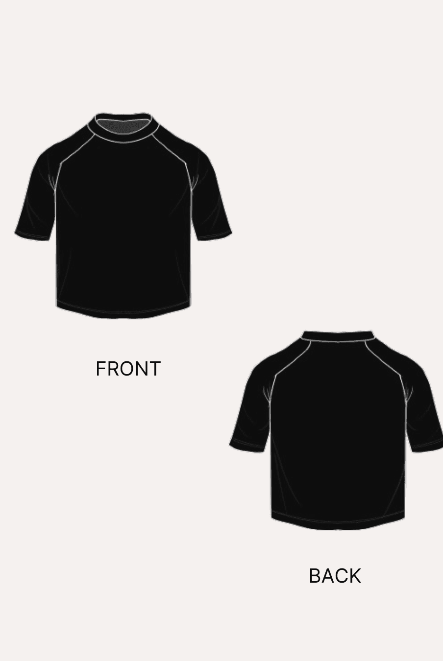 Illustration of front and back views of black athletic raglan T-shirt with white seam lines