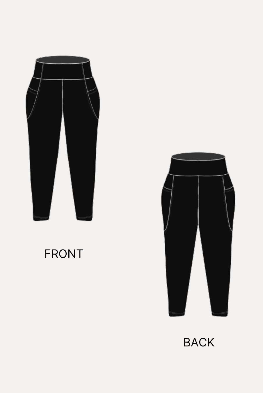 Front and back view of black leggings with white stitching details
