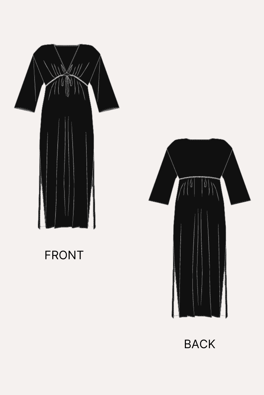 Black illustrated front and back design of the kaftan maxi dress sewing pattern with gathered waist and flowing skirt