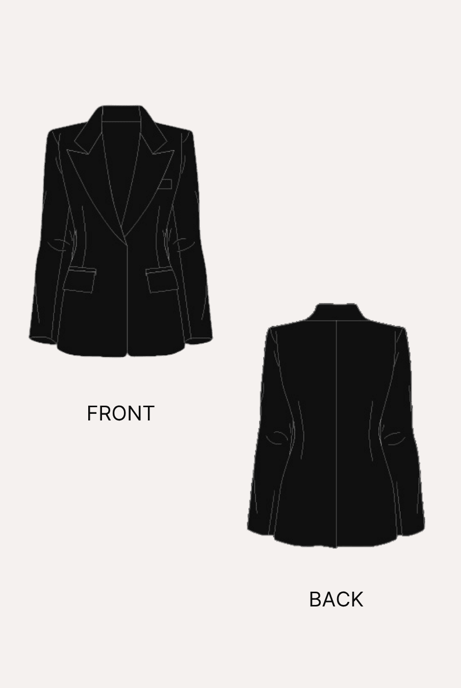 Black line drawing of women's blazer 'Monroe' sewing pattern front and back views