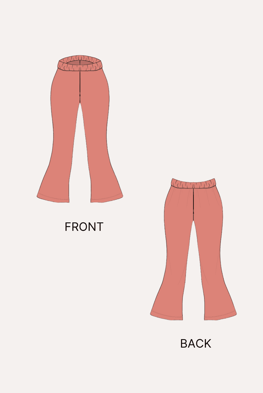 Illustration of front and back view of women's flared pants 'Brook' sewing pattern
