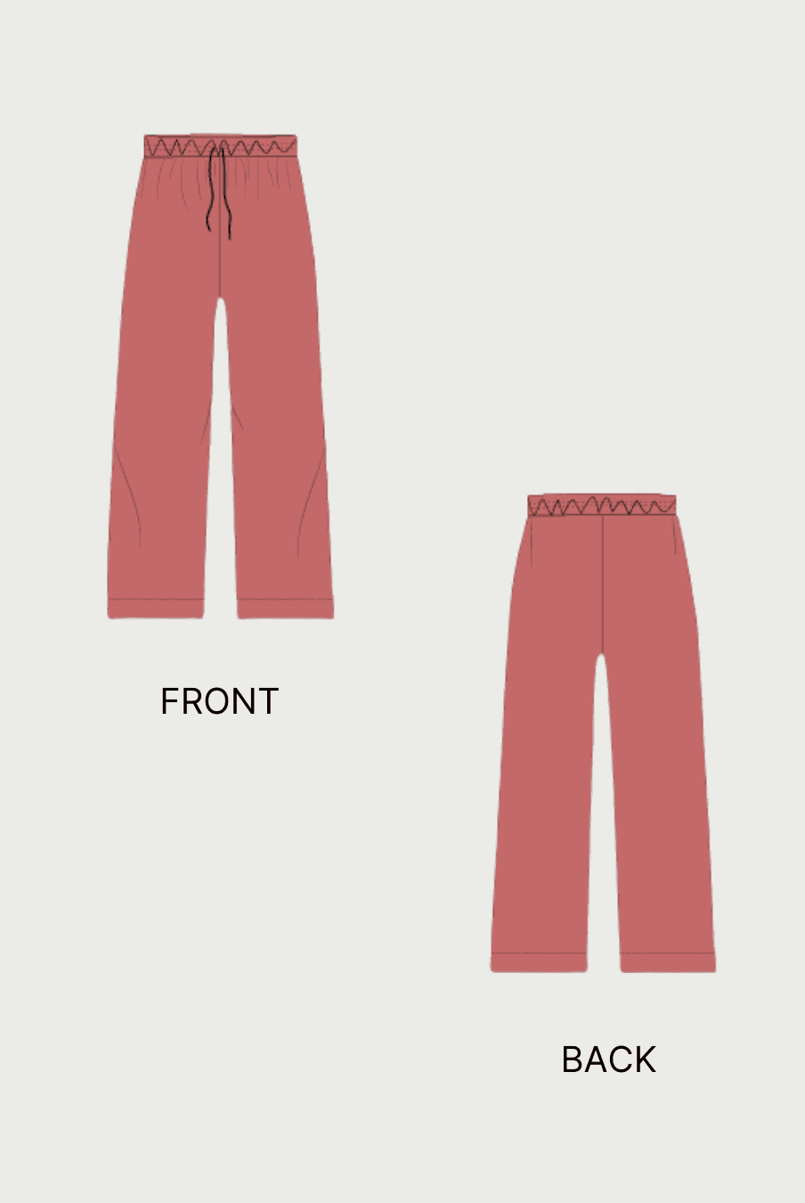 Front and back technical flat sketches of Men's Lounge Pajama Pants Sewing Pattern 'Dan' with drawstring waist and relaxed fit.